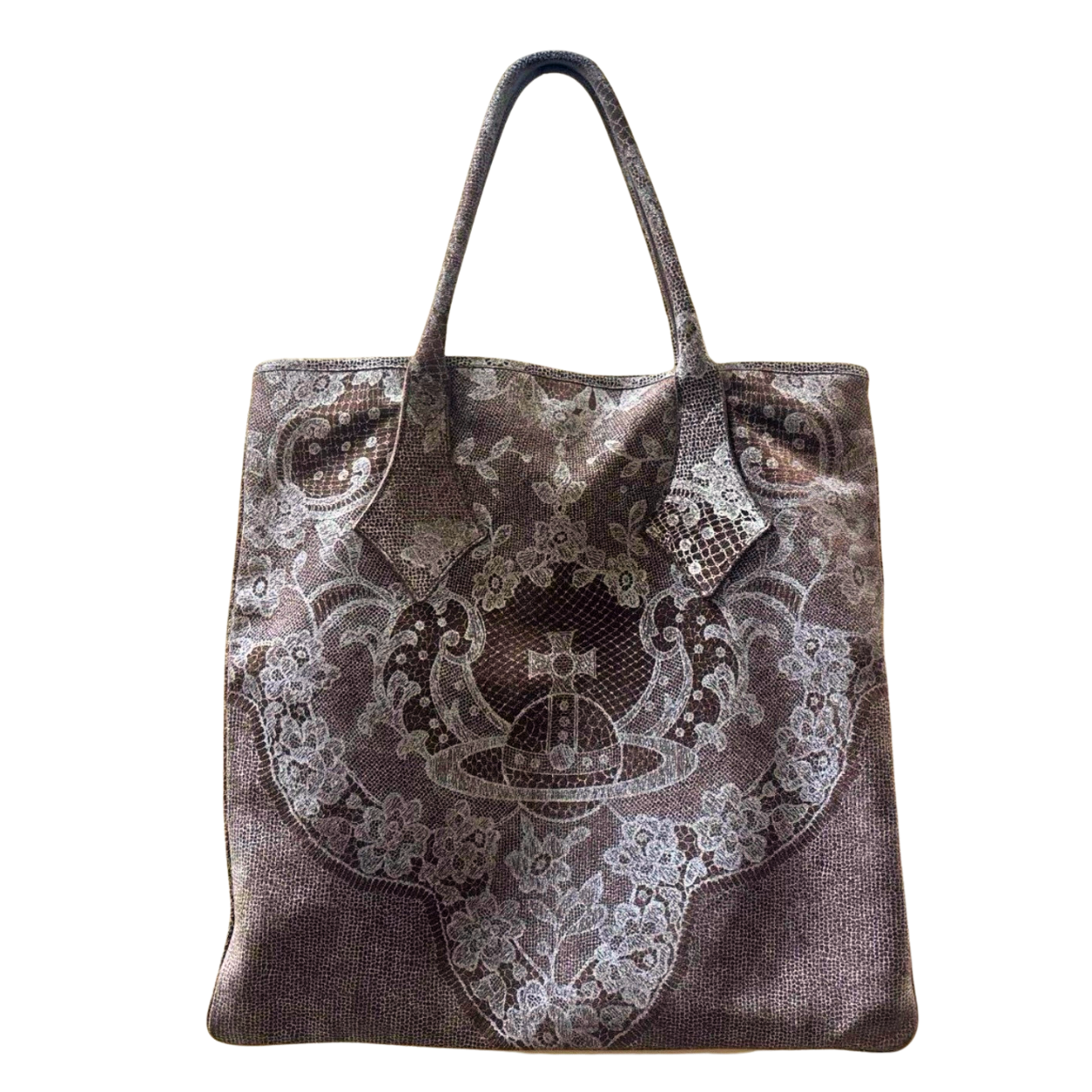 Vivienne Westwood Brown Lace Print Suede Tote Bag