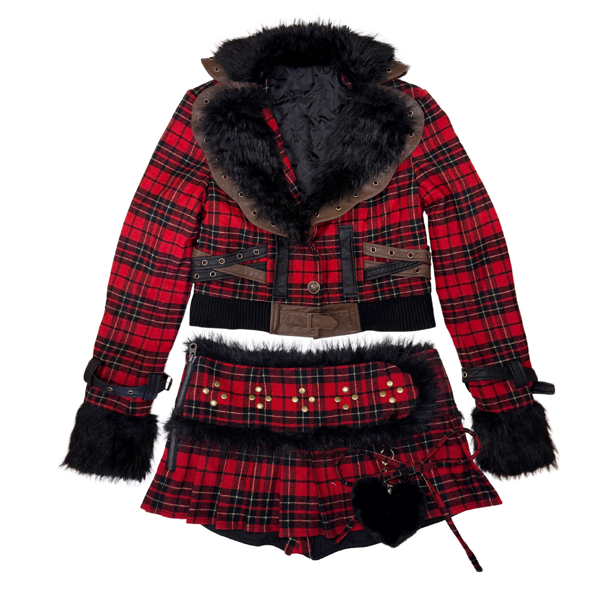 Plaid Fur Jacket & Pom Pom Charm Skirt Set