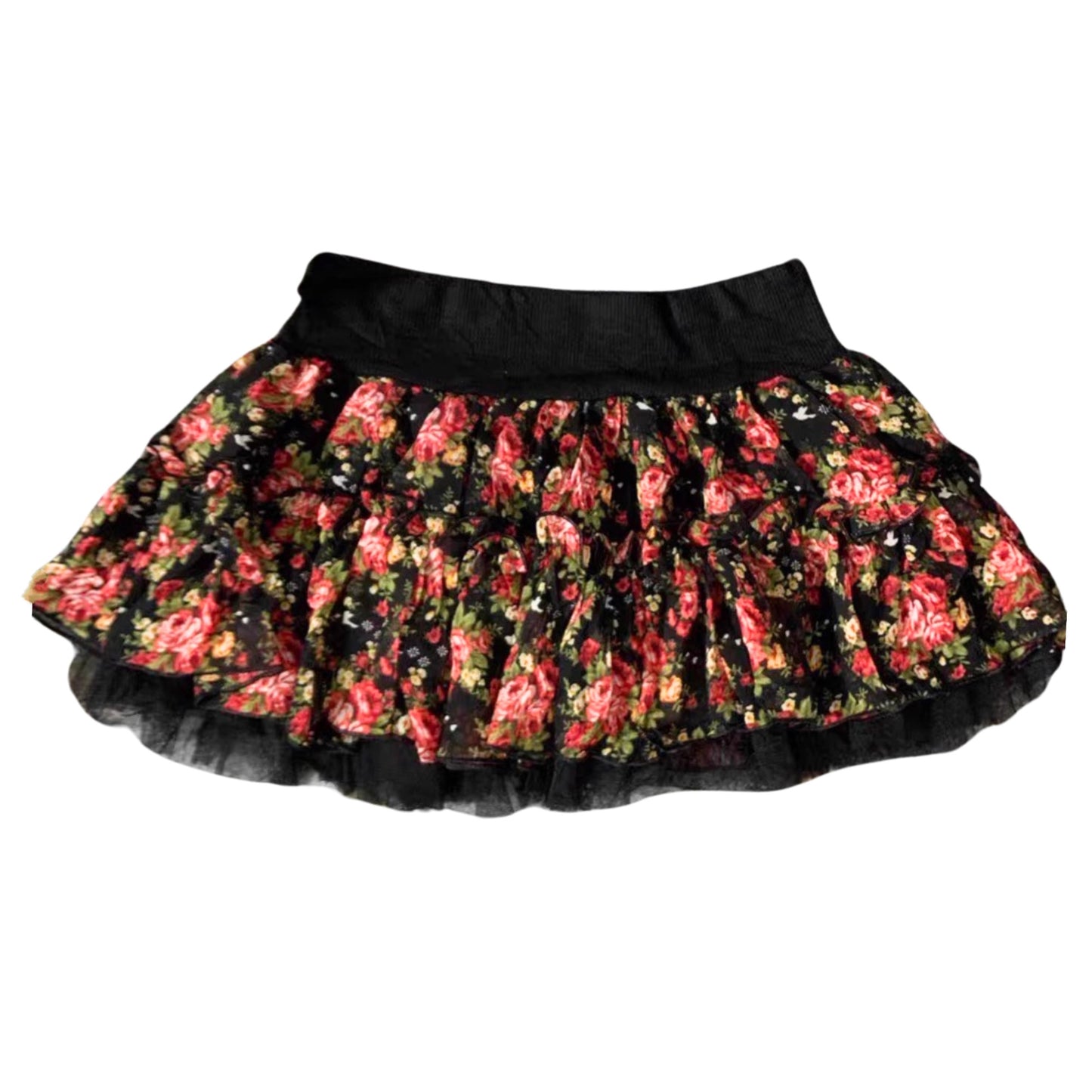 Cona Blue Japanese Brand Black Floral Layered Skirt