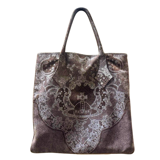 Vivienne Westwood Brown Lace Print Suede Tote Bag