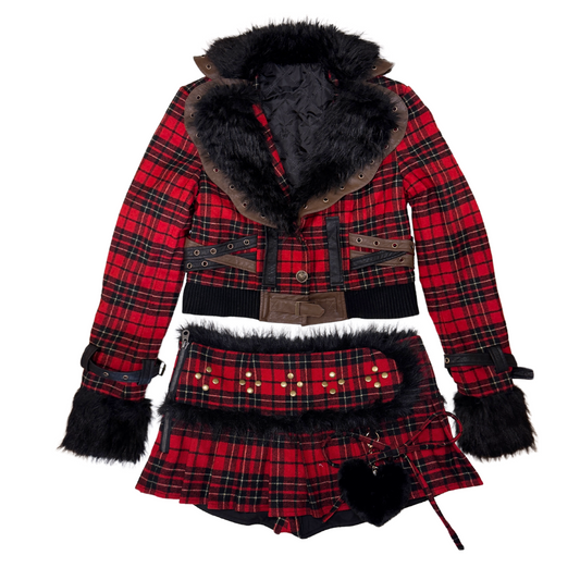 Plaid Fur Jacket & Pom Pom Charm Skirt Set