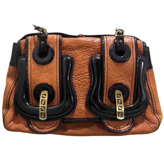Fendi Vintage Brown Leather & Black Patent Leather Buckle B Bag Shoulder Bag