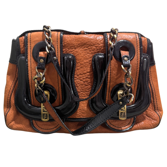 Fendi Vintage Brown Leather & Black Patent Leather Buckle B Bag Shoulder Bag