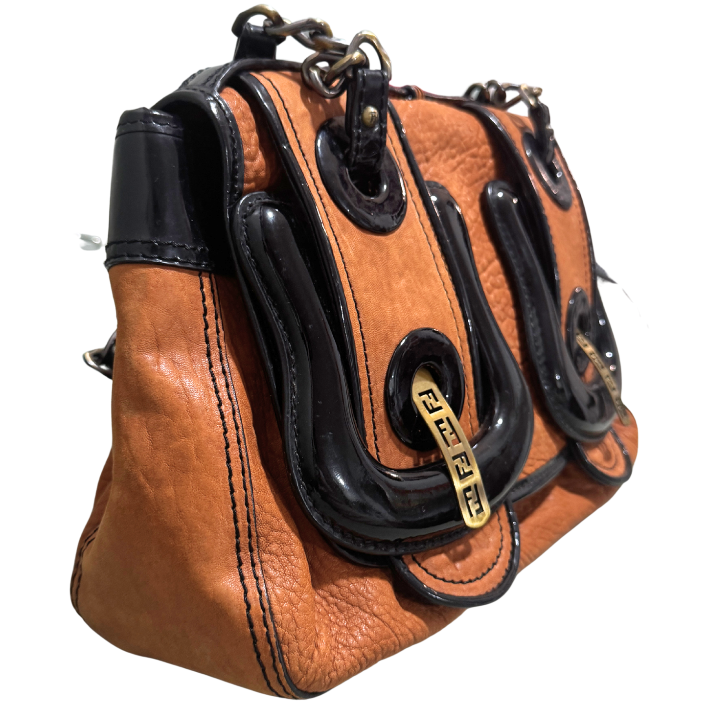 Fendi Vintage Brown Leather & Black Patent Leather Buckle B Bag Shoulder Bag