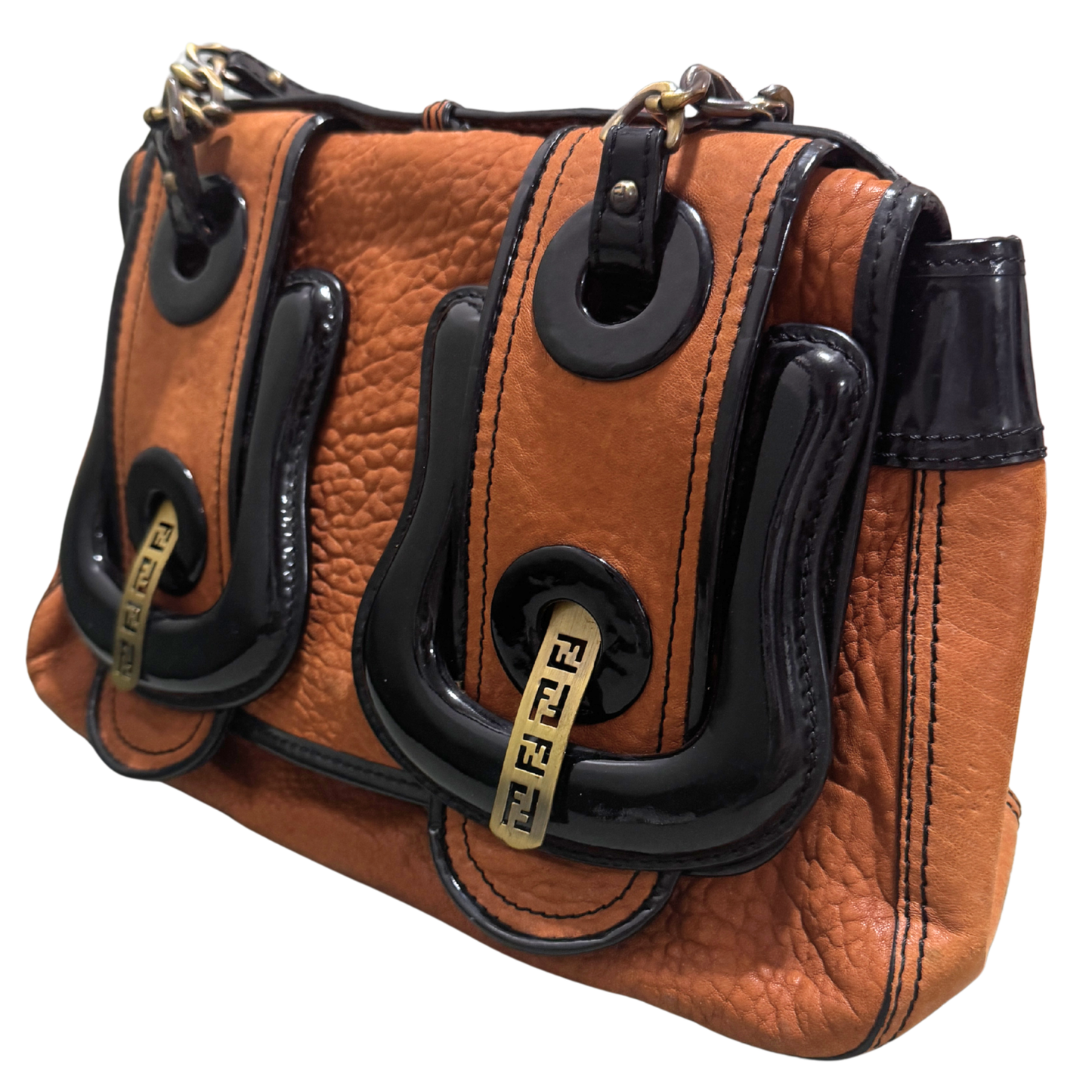 Fendi Vintage Brown Leather & Black Patent Leather Buckle B Bag Shoulder Bag