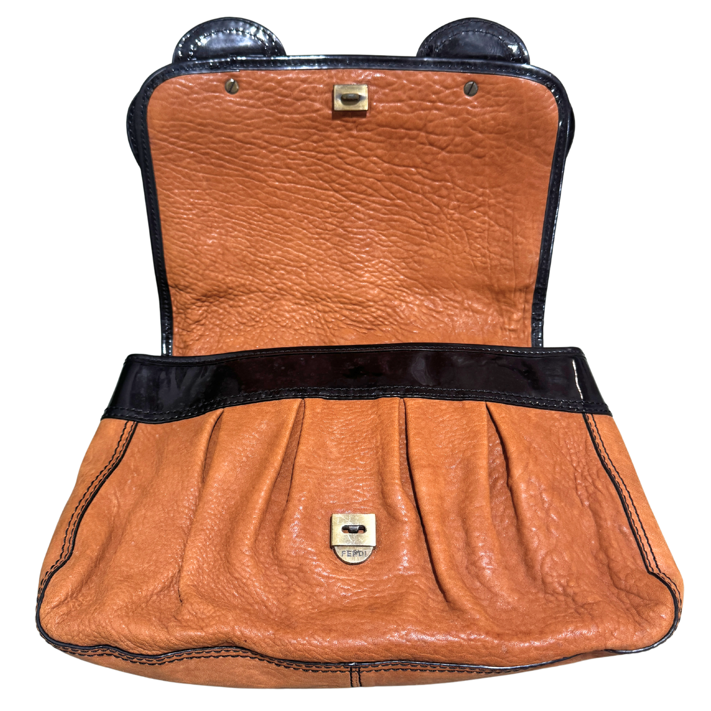 Fendi Vintage Brown Leather & Black Patent Leather Buckle B Bag Shoulder Bag