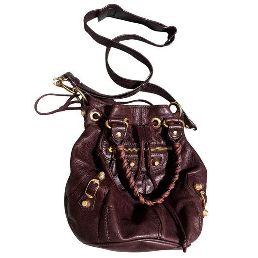 Balenciaga Mini Pompon Burgundy Purple Bag w/ Shoulder Strap & Mirror