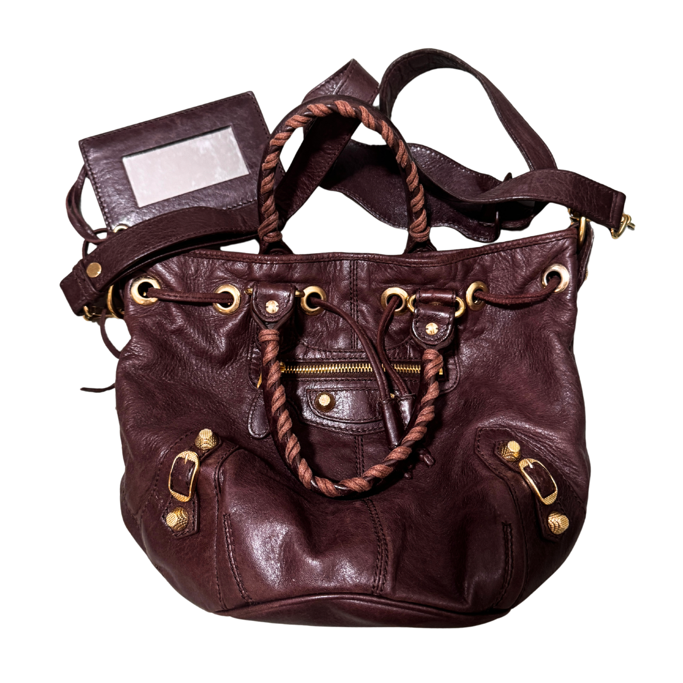 Balenciaga Mini Pompon Burgundy Purple Bag w/ Shoulder Strap & Mirror