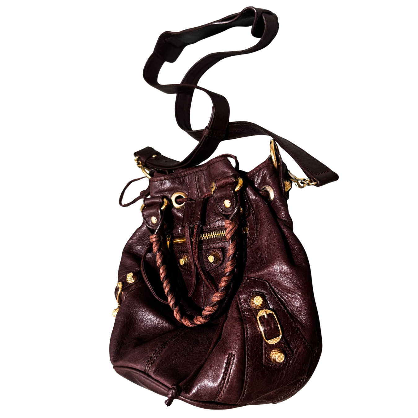 Balenciaga Mini Pompon Burgundy Purple Bag w/ Shoulder Strap & Mirror