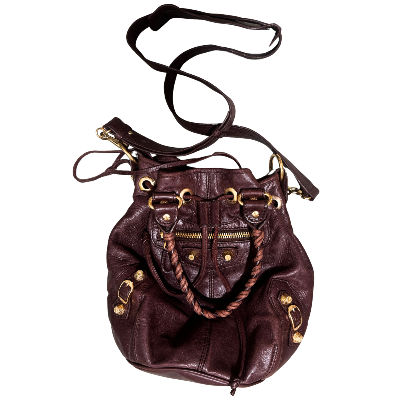 Balenciaga Mini Pompon Burgundy Purple Bag w/ Shoulder Strap & Mirror