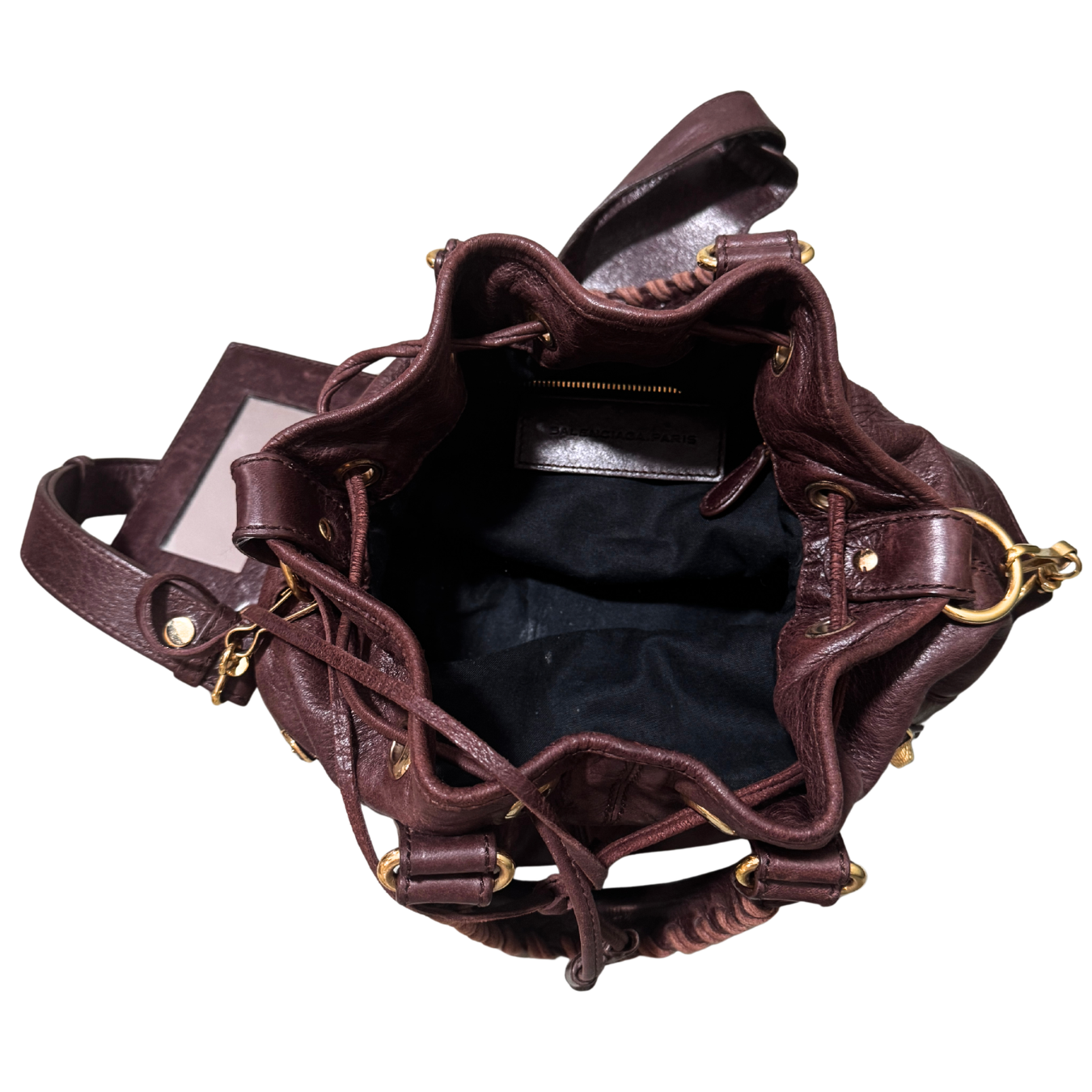 Balenciaga Mini Pompon Burgundy Purple Bag w/ Shoulder Strap & Mirror