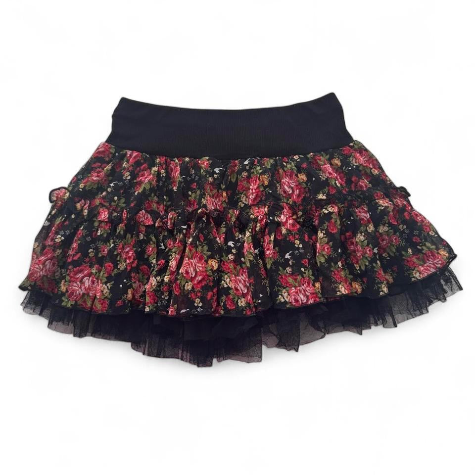 Cona Blue Japanese Brand Black Floral Layered Skirt