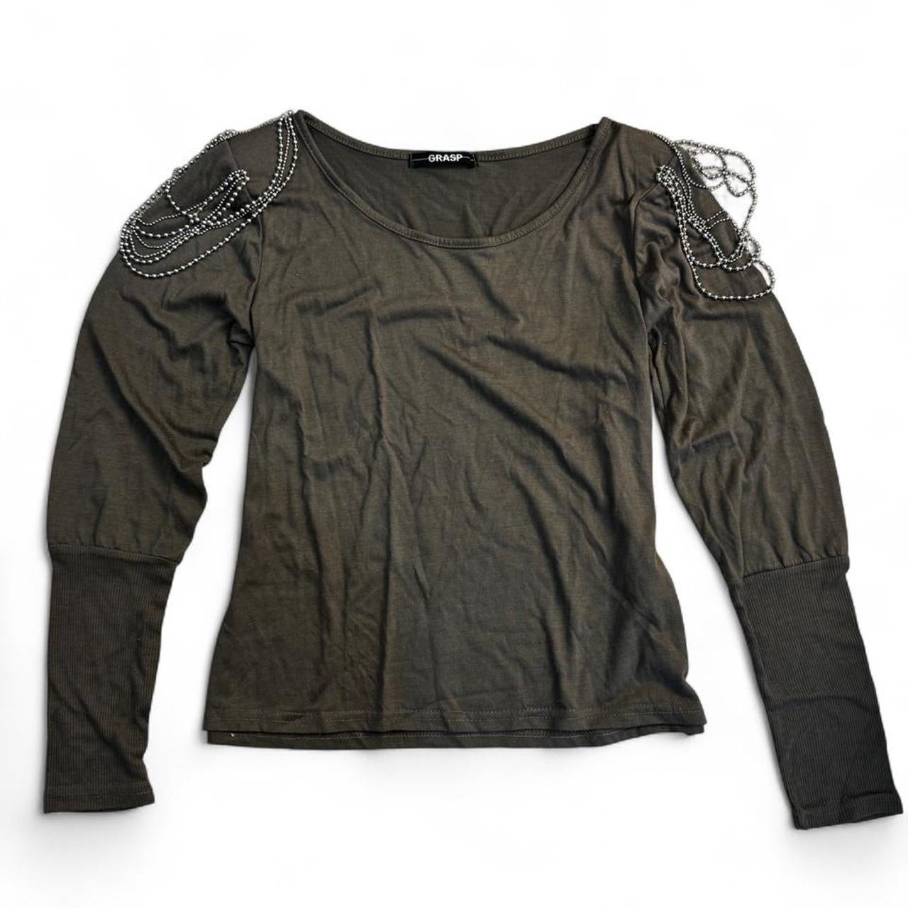 Grasp Khaki Grey Beaded Chain Shoulder Padded Top