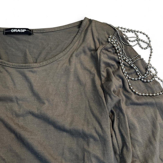 Grasp Khaki Grey Beaded Chain Shoulder Padded Top