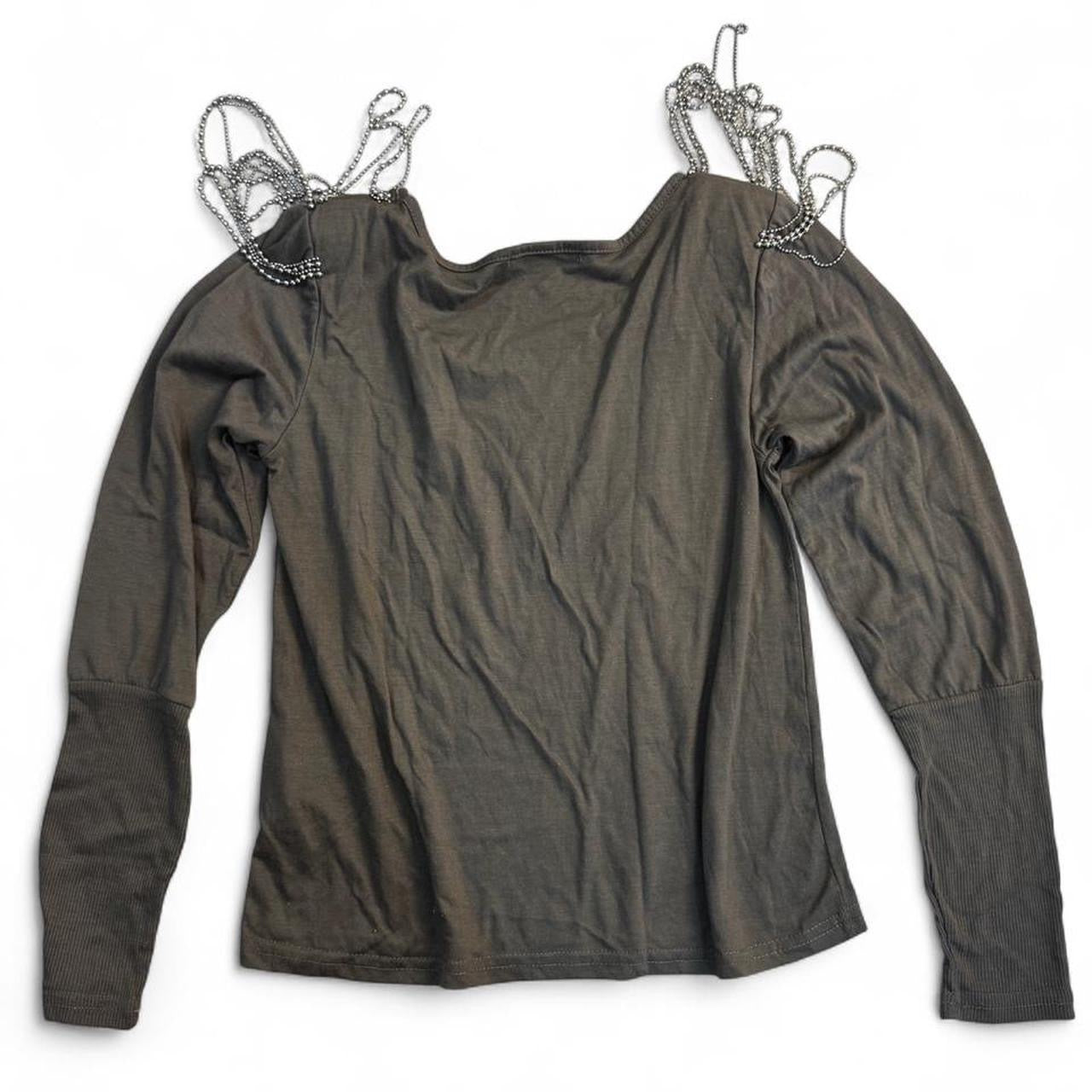 Grasp Khaki Grey Beaded Chain Shoulder Padded Top