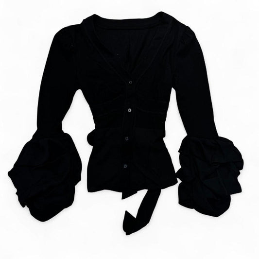 Japanese Brand Black Puff Sleeve Cardigan