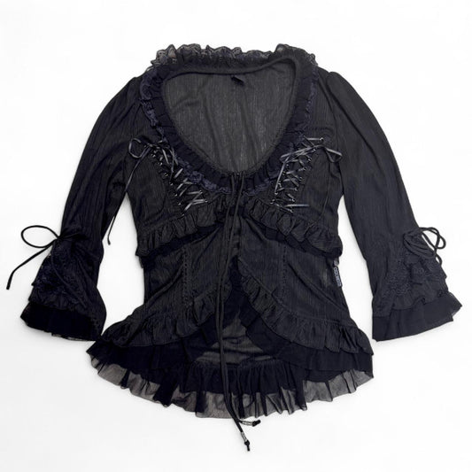 OZZ ONESTE Lace Trim Lace-Up Black Cardigan