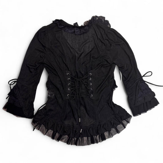 OZZ ONESTE Lace Trim Lace-Up Black Cardigan