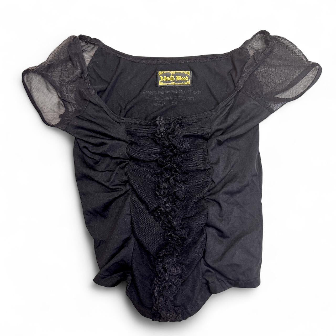 h.Naoto Blood Black Ruched Lace Trim Top