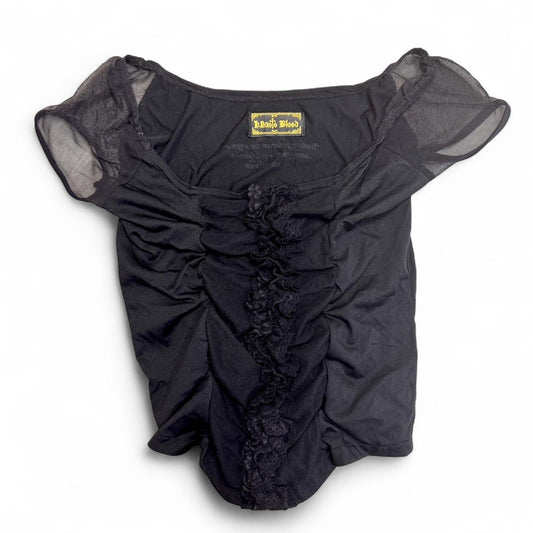 h.Naoto Blood Black Ruched Lace Trim Top