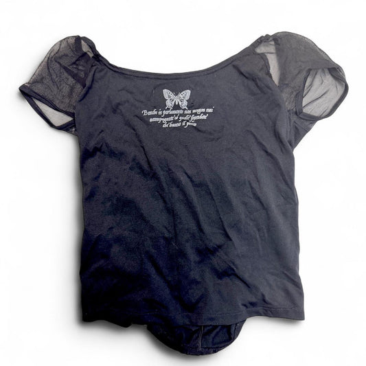 h.Naoto Blood Black Ruched Lace Trim Top