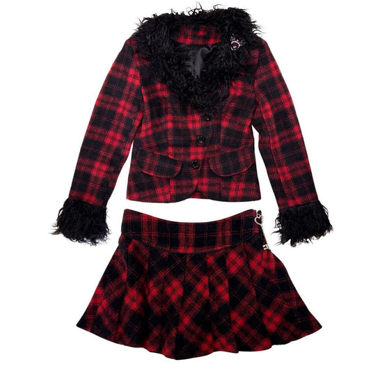 Plaid Fur Trim Jacket & Skirt Set