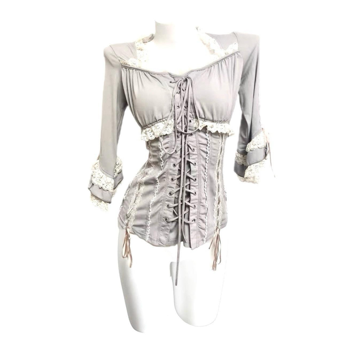 Ozz On/Oneste Grey Lace-up Lace Trim Top