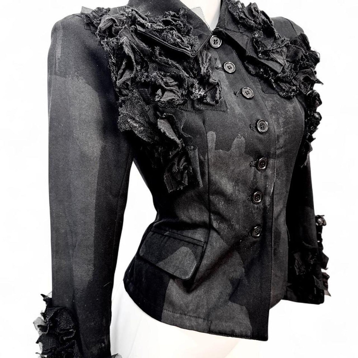h.Naoto Black Ruffle Detail Jacket Outerwear